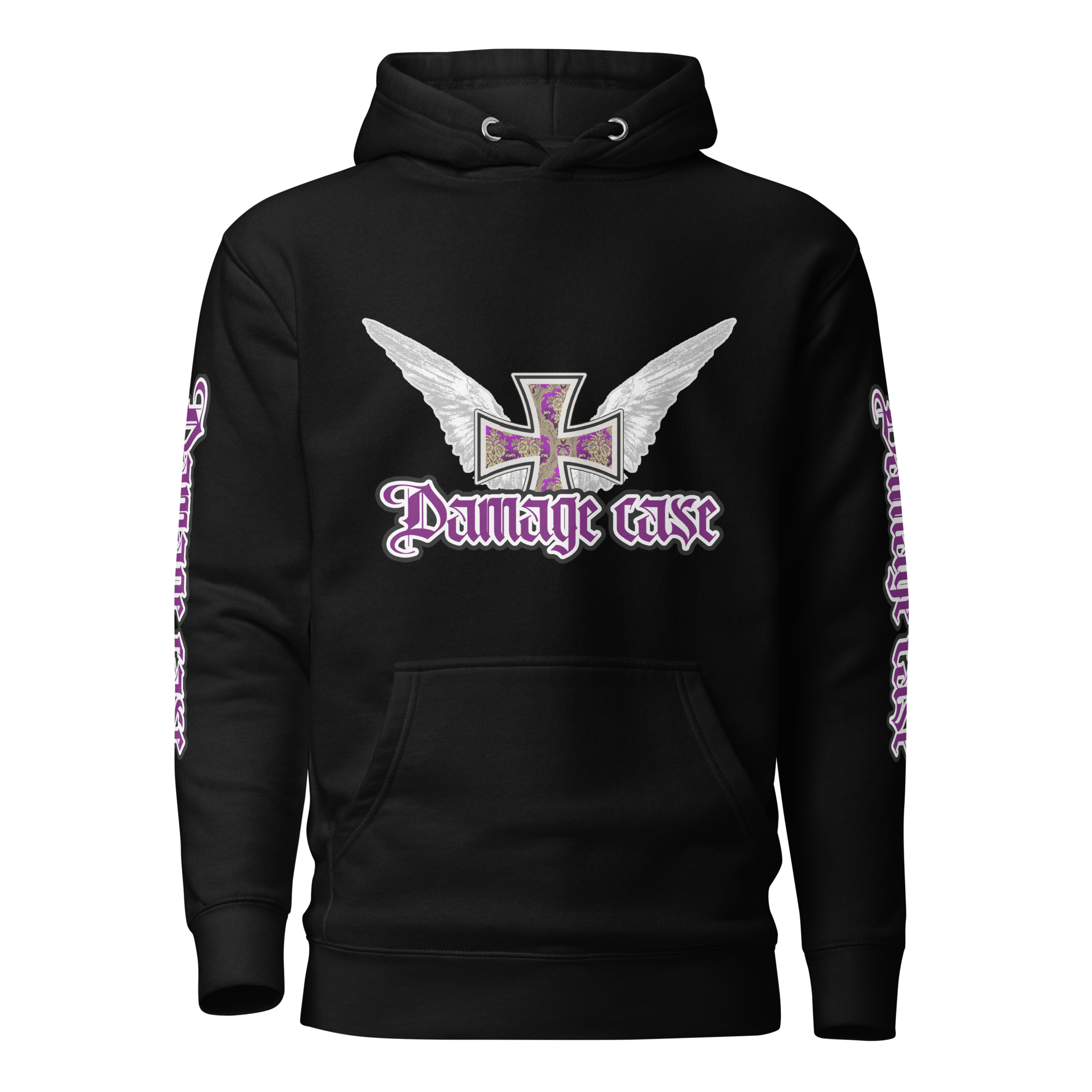 Damage Case | Hoodie | Angel Wings Logotype | Front + Sleeves Print | Black